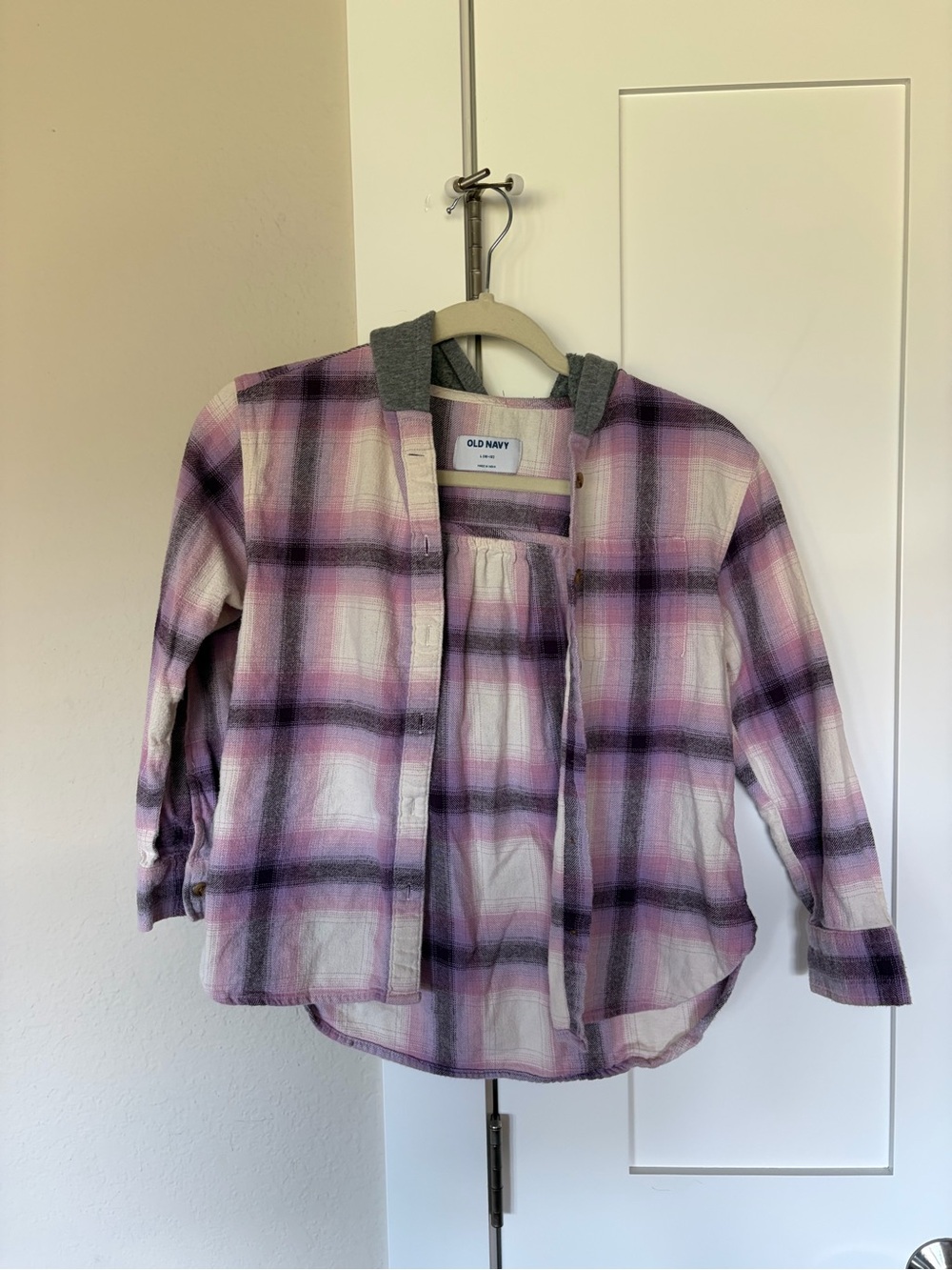 Old Navy Girls Purple and White Plaid Hooded Button-Down Shirt